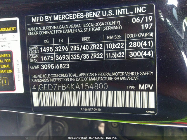 2019 Mercedes-Benz GLE-Class, VIN: 4JGED7FB4KA154800