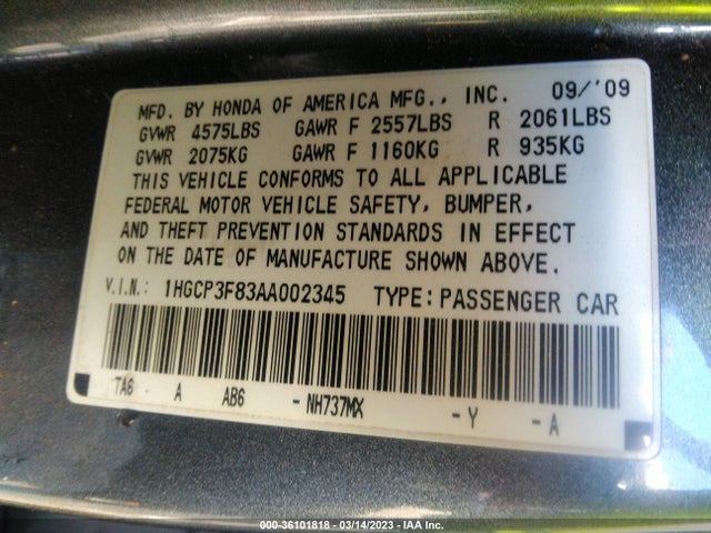 2010 HONDA ACCORD SDN EX-L VIN: 1HGCP3F83AA002345