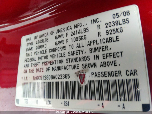 2008 HONDA ACCORD CPE EX-L VIN: 1HGCS12808A023365