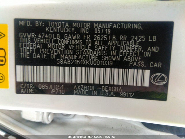 58AB21B1XKU001039 Lexus Es Es 300h