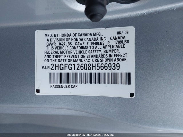 2008 HONDA CIVIC CPE LX VIN: 2HGFG12608H566939