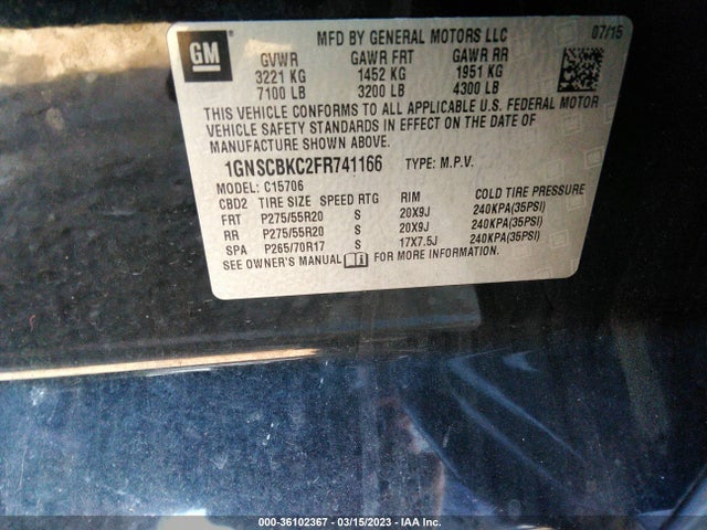 Chevrolet Tahoe Lt 2015 1GNSCBKC2FR741166 Image 9