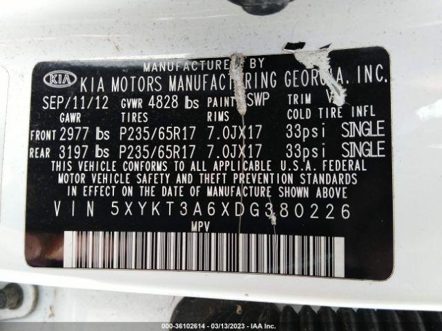 5XYKT3A6XDG380226 KIA SORENTO LX