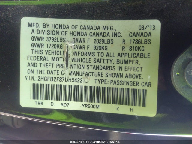 2013 HONDA CIVIC SDN EX VIN: 2HGFB2F87DH542213