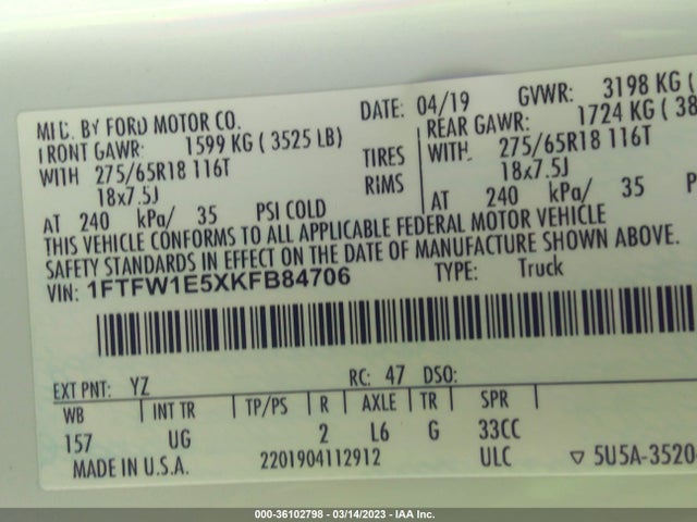 2019 Ford F-150, VIN: 1FTFW1E5XKFB84706