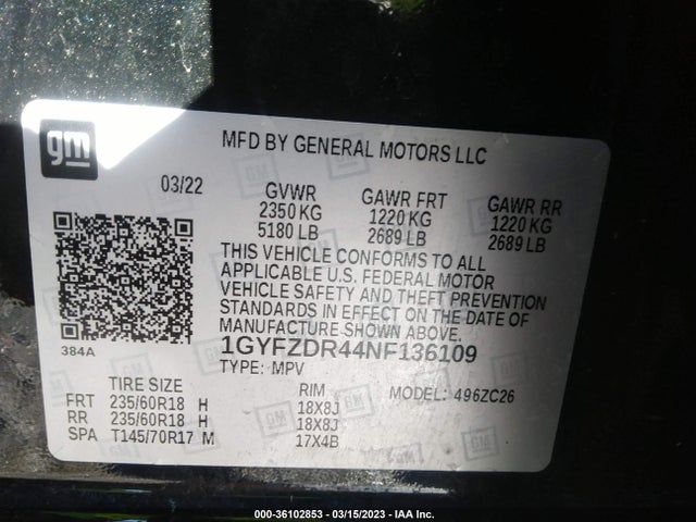 2022 CADILLAC XT4 AWD PREMIUM LUXURY VIN: 1GYFZDR44NF136109