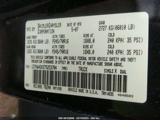 Dodge DAKOTA SLT 2007 1D7HW42K27S253784 Image 10