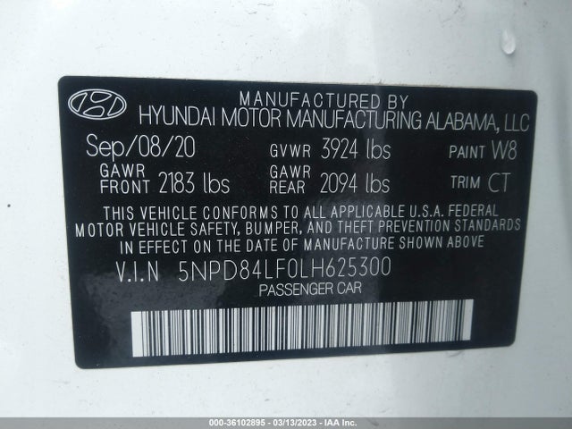2020 HYUNDAI ELANTRA SEL VIN: 5NPD84LF0LH625300