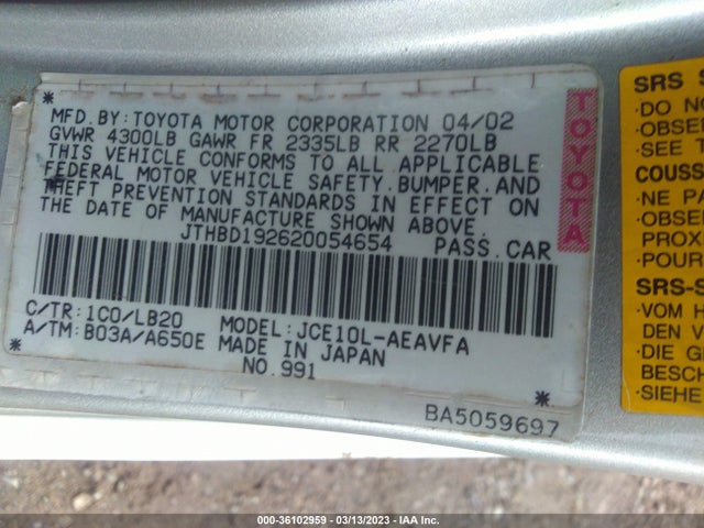 JTHBD192620054654 Lexus IS 300