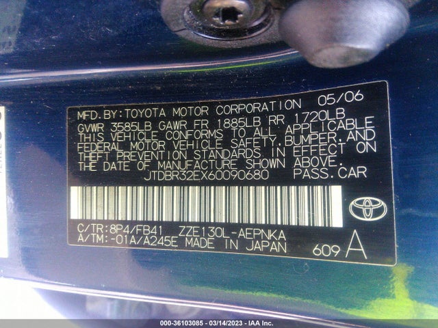 2006 TOYOTA COROLLA LE VIN: JTDBR32EX60090680