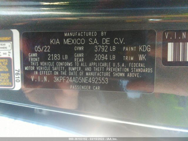 3KPF24AD5NE492553 KIA Forte Lxs