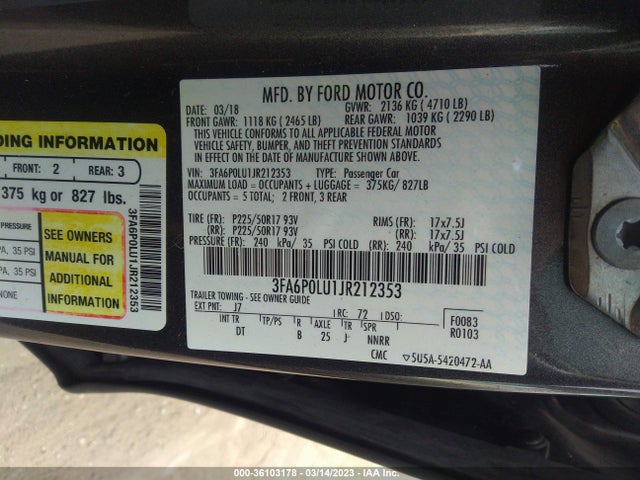 2018 FORD FUSION HYBRID SE VIN: 3FA6P0LU1JR212353