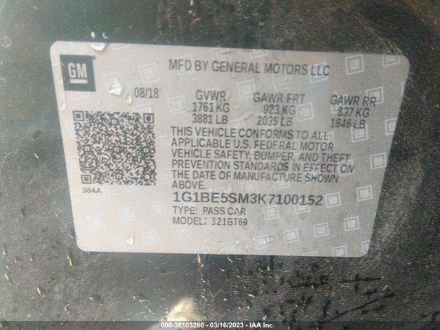 2019 CHEVROLET CRUZE LT VIN: 1G1BE5SM3K7100152
