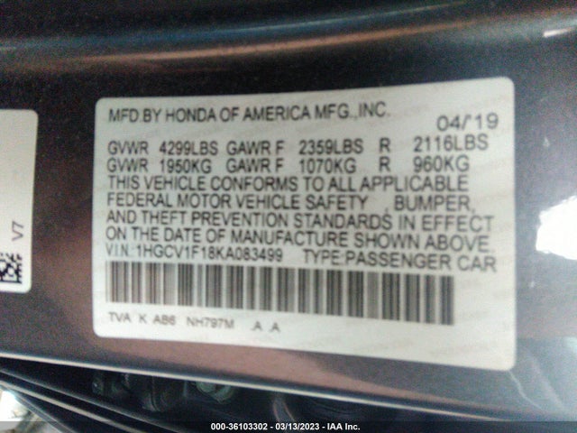 2019 HONDA ACCORD SEDAN LX 1.5T VIN: 1HGCV1F18KA083499