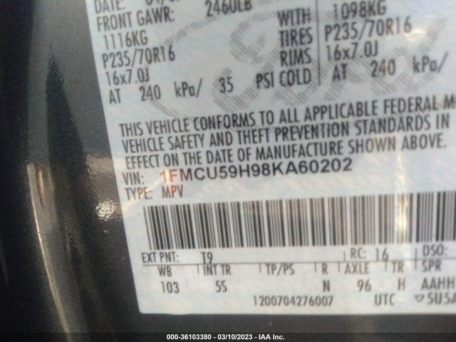 2008 FORD ESCAPE HYBRID VIN: 1FMCU59H98KA60202