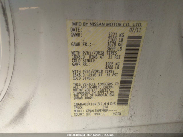 2011 NISSAN TITAN SV VIN: 1N6BA0EK1BN314405