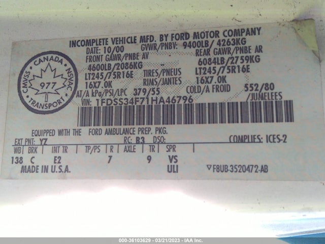 2001 FORD ECONOLINE CARGO VAN RECREATIONAL VIN: 1FDSS34F71HA46796
