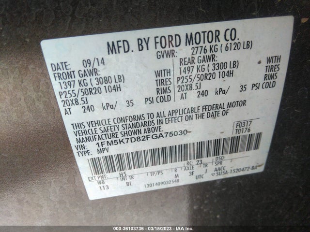 Ford EXPLORER XLT 2015 1FM5K7D82FGA75030 Image 9