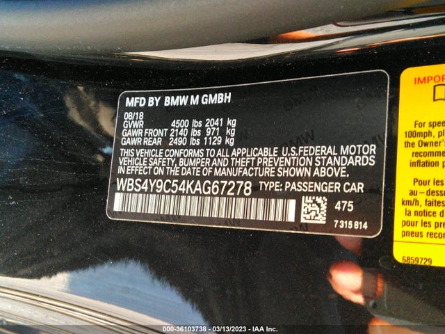 2019 BMW M4, VIN: WBS4Y9C54KAG67278