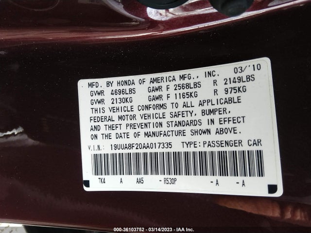 Aukcja sprzedaży 2010 Acura Tl, vin: 19UUA8F20AA017335, numer aukcji: 36103752