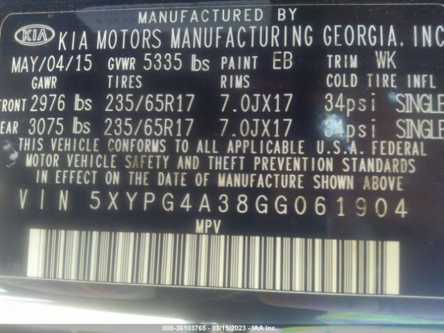 5XYPG4A38GG061904 KIA SORENTO LX