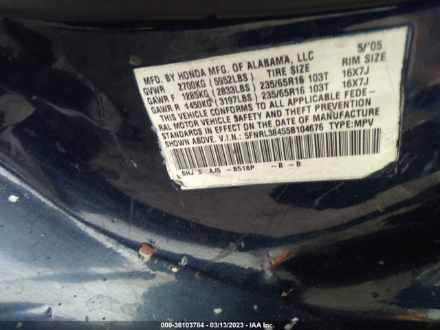 2005 HONDA ODYSSEY EX VIN: 5FNRL38455B104676