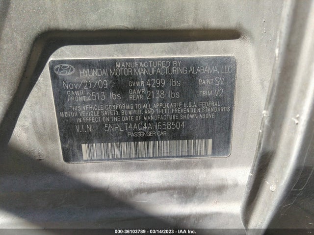 2010 HYUNDAI SONATA GLS VIN: 5NPET4AC4AH658504