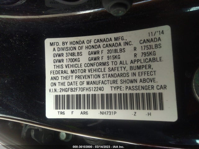 2015 HONDA CIVIC SEDAN SE VIN: 2HGFB2F70FH512240