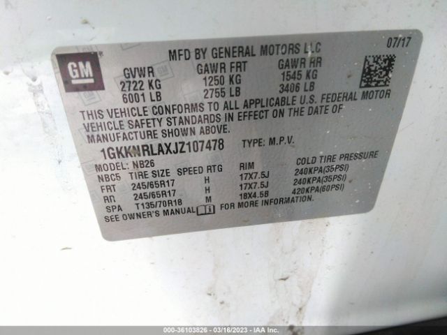 1GKKNRLAXJZ107478 GMC ACADIA SLE