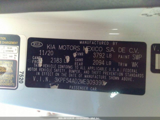 3KPF54AD2ME309390 KIA FORTE EX
