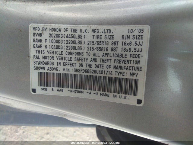 2006 HONDA CR-V LX VIN: SHSRD68526U401714