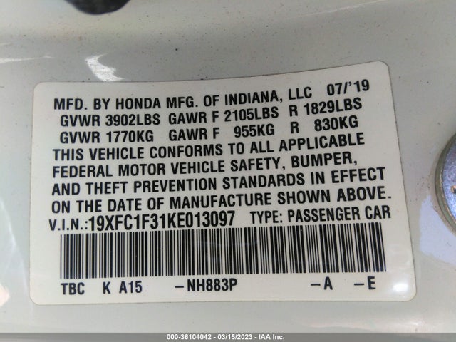 Honda Civic Sedan Ex 2019 19XFC1F31KE013097 Image 9