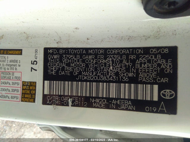 2008 TOYOTA PRIUS VIN: JTDKB20U383431136