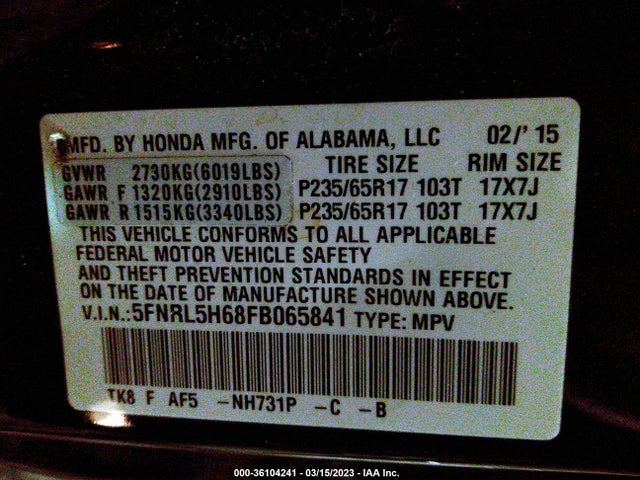 Honda Odyssey Ex-l 2015 5FNRL5H68FB065841 Image 9