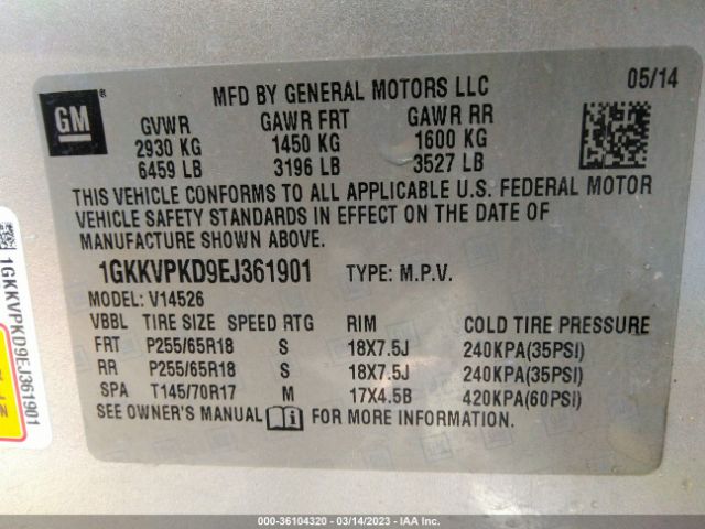 1GKKVPKD9EJ361901 GMC ACADIA SLE