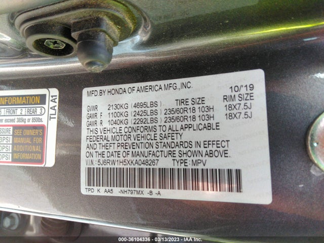 Honda CR-V EX 2019 5J6RW1H5XKA048267 Image 9