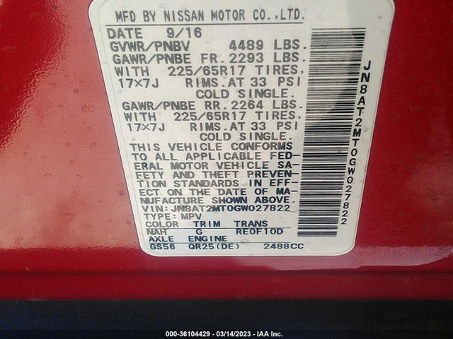 2016 Nissan Rogue, VIN: JN8AT2MT0GW027822