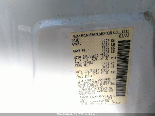 1N6ED1EK2NN665645 Nissan Frontier Sv