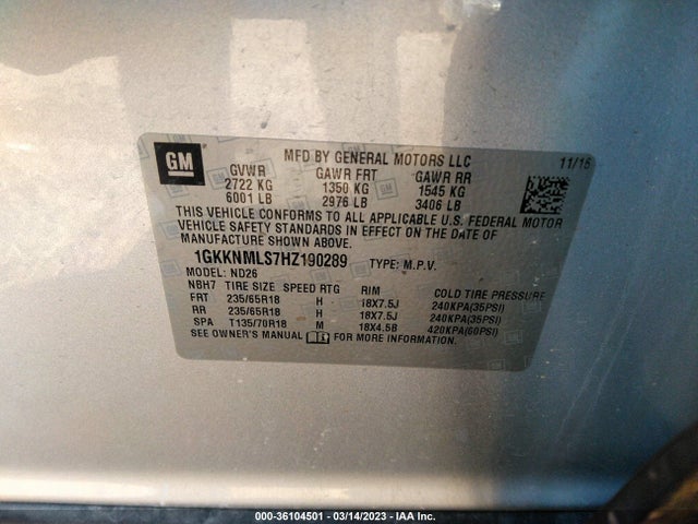 GMC ACADIA SLT 2017 1GKKNMLS7HZ190289 Image 9