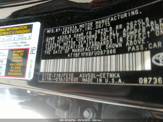 2015 TOYOTA CAMRY XLE/SE/LE/XSE VIN: 4T1BF1FK6FU087986