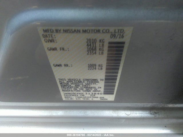 2016 NISSAN LEAF SV VIN: 1N4BZ0CPXGC313840