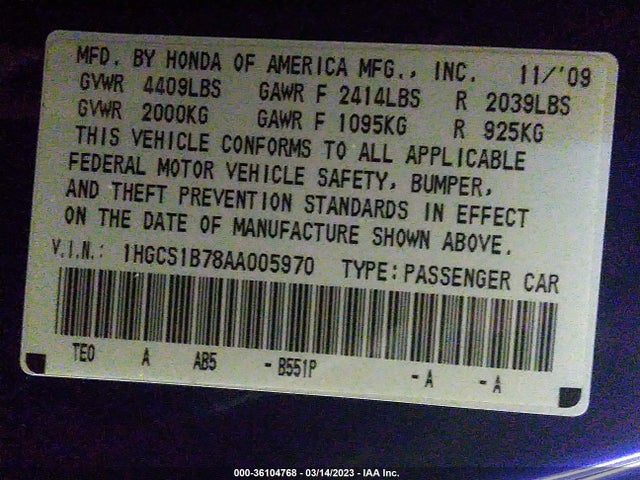 2010 HONDA ACCORD CPE EX VIN: 1HGCS1B78AA005970