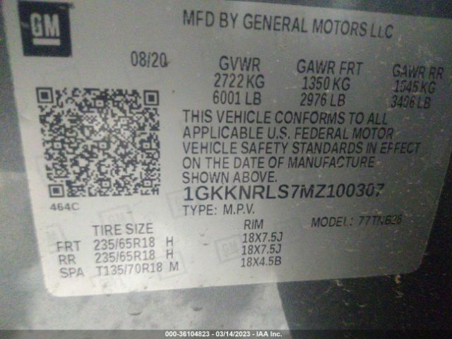 1GKKNRLS7MZ100307 GMC ACADIA SLE