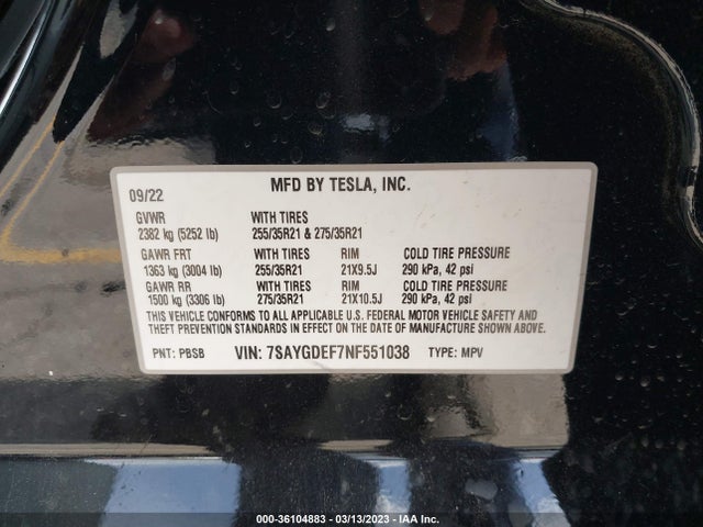 Tesla Model Y Performance 2022 7SAYGDEF7NF551038 Image 9