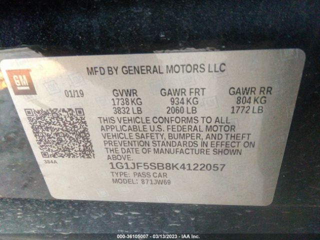 Chevrolet Sonic Premier 2019 1G1JF5SB8K4122057 Image 9