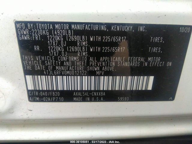 2021 TOYOTA RAV4 HYBRID LE VIN: 4T3L6RFV0MU012122