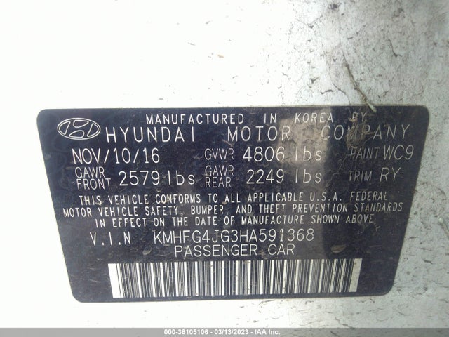 2017 Hyundai Azera, VIN: KMHFG4JG3HA591368