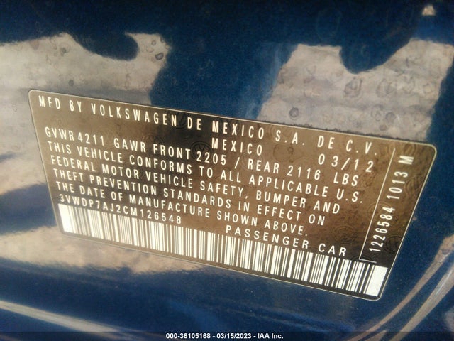 2012 VOLKSWAGEN JETTA SEDAN SE PZEV VIN: 3VWDP7AJ2CM126548