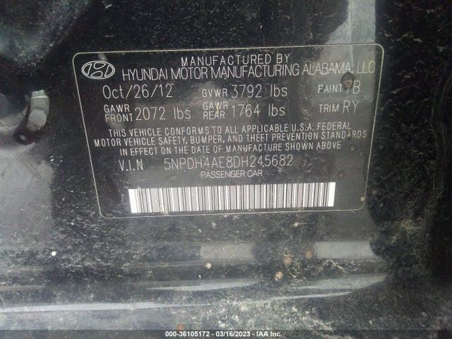 2013 HYUNDAI ELANTRA LIMITED VIN: 5NPDH4AE8DH245682