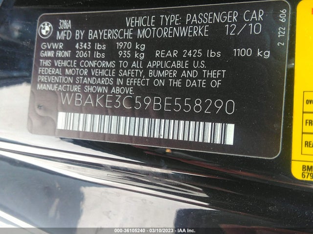 BMW 3 Series 328i 2011 WBAKE3C59BE558290 Image 10